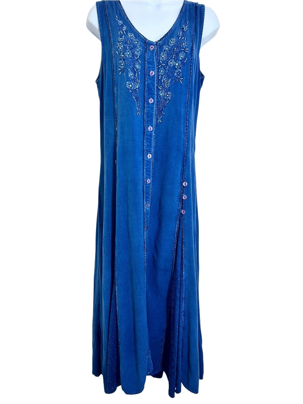 Vintage 90s NorthStyle Blue  Embroidered Sequins Button-Front Midi Dress M